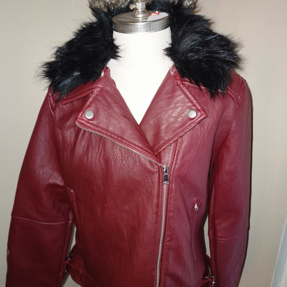 Burgundy faux moto jacket with faux black fur